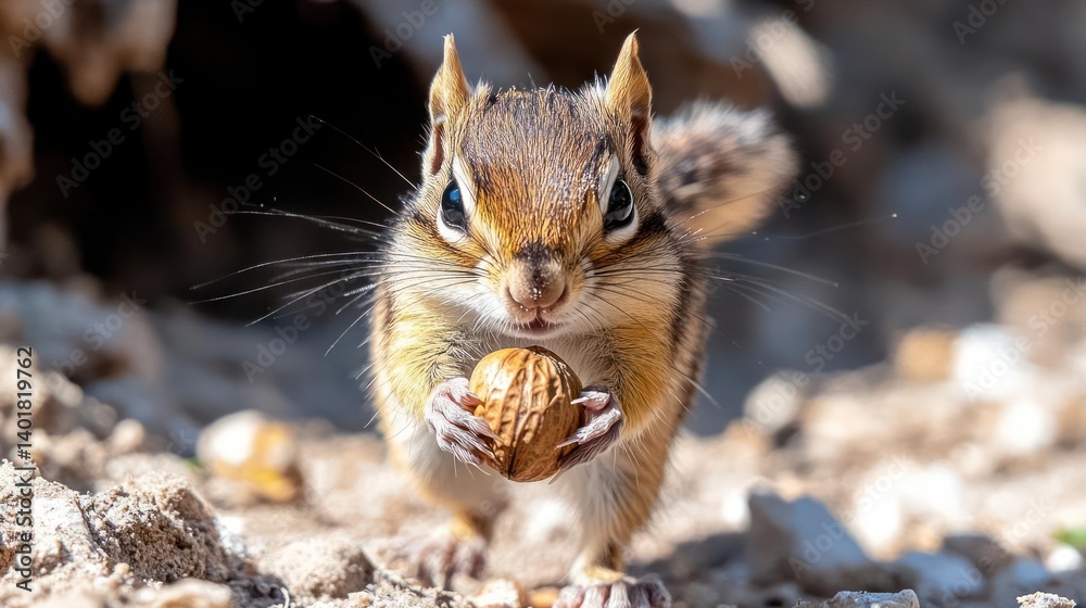 Poster close up shot of a chipmunk holding a walnut in its paws. the chipmunk has brown and white fur and i