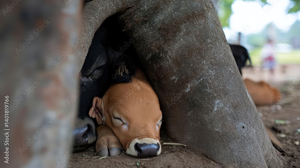 Poster a peaceful scene features a brown calf nestled comfortably at the base of a large tree, eyes closed 