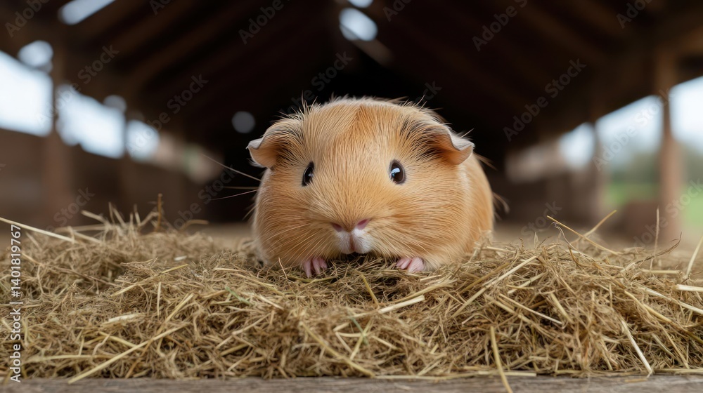 Poster close-up of a fluffy ginger guinea pig perched on a pile of golden hay, its small pink paws visible.