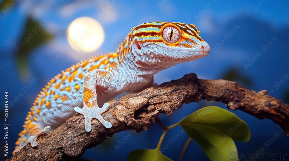 Poster a close-up shot captures a vibrant gecko perched on a branch, illuminated by a soft, distant light. 