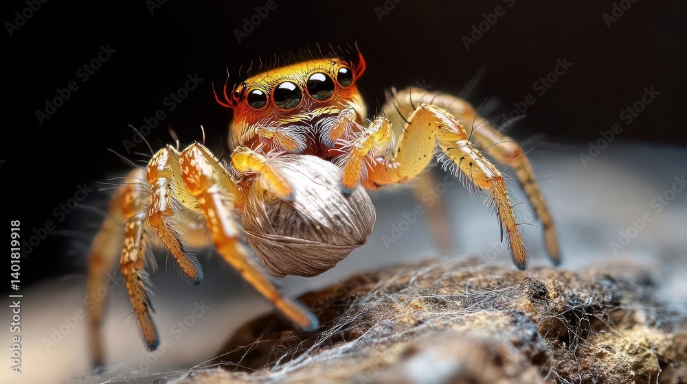 Poster Detailed close-up of a golden jumping spider perched on a rock, highlighted by sharp focus against a blurred dark background showcasing intricate details and warm color of the spider. Macro