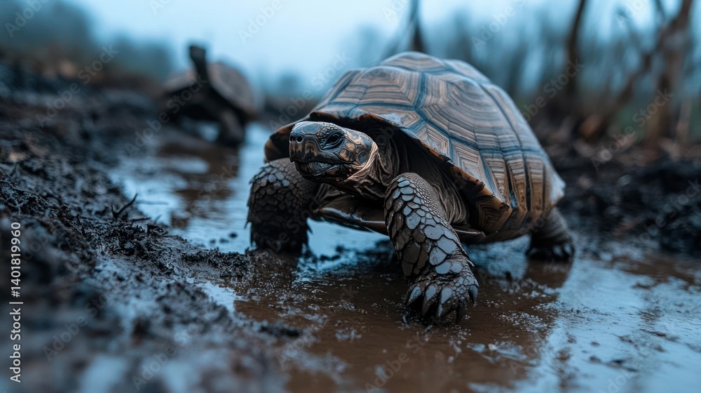 Aufkleber A close-up shot captures a tortoise navigating through a muddy terrain, with another tortoise visible in the blurred background. The focus highlights the intricate details of the tortoise's shell and