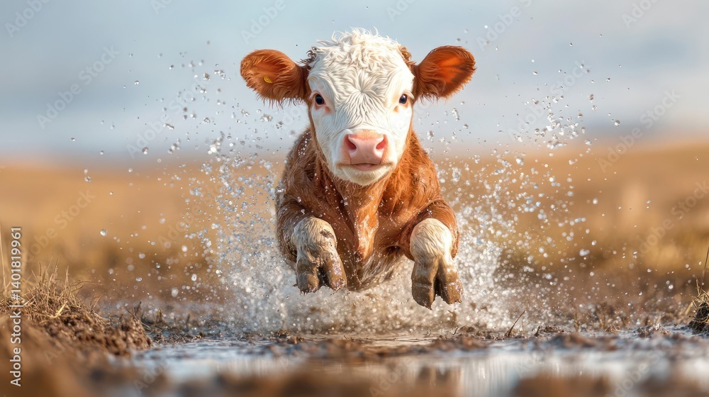 Poster A dynamic, close-up shot captures a lively young calf with red-brown and white fur running through a puddle, creating a splash of water droplets against a soft, blurred background of golden fields