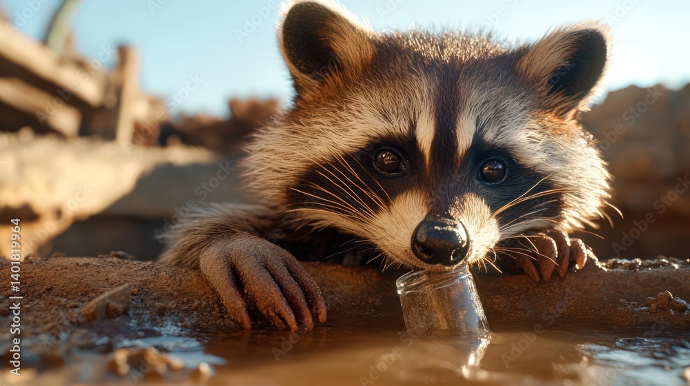 Poster close-up of a raccoon drinking water, its face detailed with brown and black markings, set against a