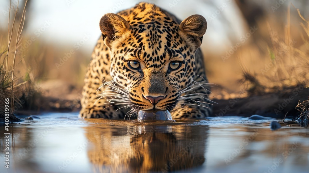 Poster Golden light bathes a leopard as it drinks from a small pool of water, its reflection visible in the clear surface. The background is blurred, with dry grass adding a natural, warm tone to the scene