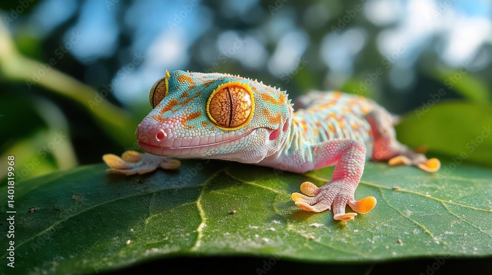 Poster a gecko is perched on a leaf, exhibiting vibrant colors of orange, blue, and pink. the gecko feature