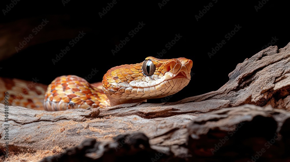 Poster Close-up captures a snake with orange and white scales resting on a weathered log under direct sunlight, set against a dark backdrop, emphasizing its intricate patterns and textures
