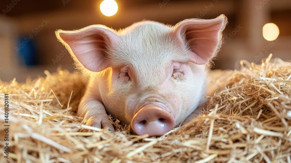 Aufkleber Close up of a piglet lying in straw with its head resting on the ground. The pink piglet is in sharp focus, and the background is blurred with warm, golden light. The piglet appears relaxed in the