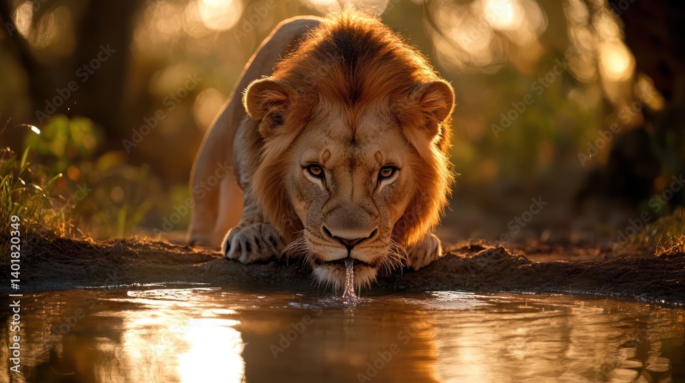 Poster a majestic lion drinks from a calm, reflective watering hole with a blurred background illuminated b