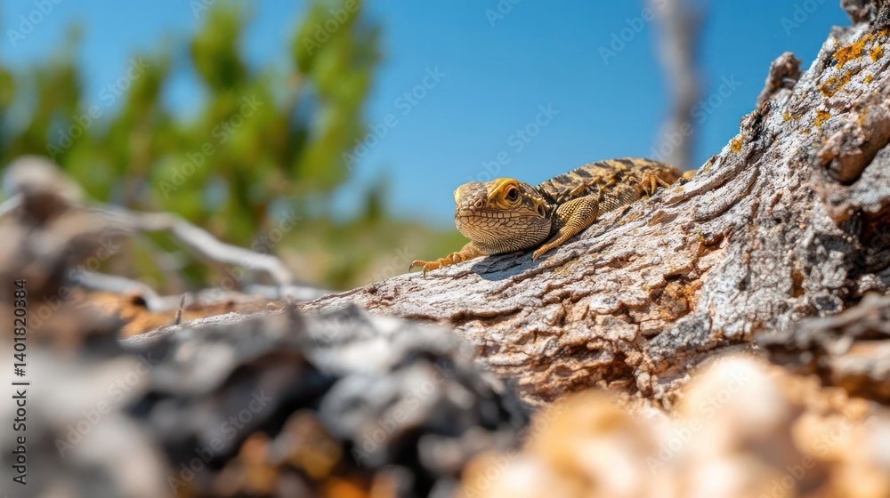 Poster close-up of a brown and tan lizard perched on a textured, weathered tree branch. the scene is set ag