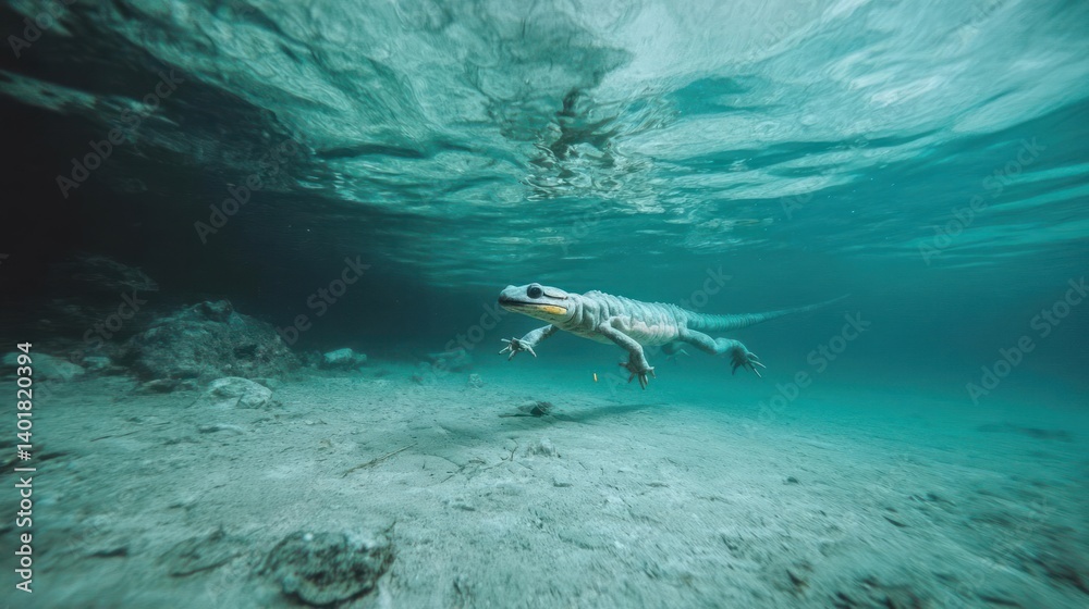 Poster underwater shot featuring a lizard swimming in the clear, turquoise water. the sandy bottom and rock