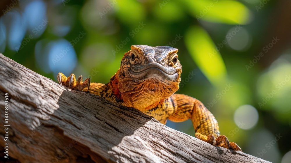 Poster Close up shot of an orange lizard perched on a branch in its natural habitat. The lizard is the primary focus, with green leaves blurred in the background, creating a shallow depth of field and
