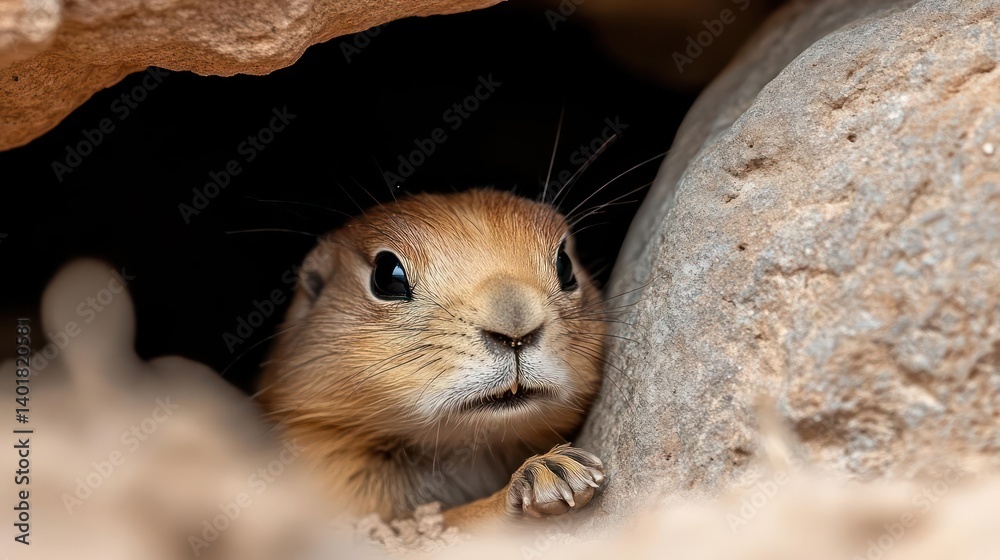 Aufkleber close up shot of a light brown gopher peeking out of its den in a rocky area, sand visible nearby. t