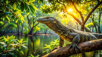 Obraz premium Sundarbans Monitor Lizard: High-Resolution Image of a Large Monitor Lizard on a Tree in the Indian Sundarbans Mangrove Forest
