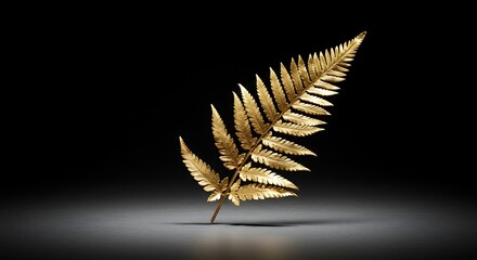 Obraz premium Elegant golden fern leaf against a contrasting dark backdrop with subtle reflection