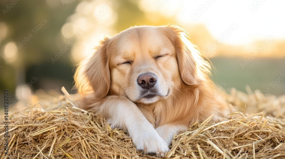 Poster close-up of a golden retriever dog resting with its eyes closed, lying on a pile of golden hay. warm