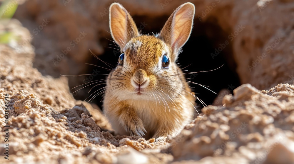 Poster close-up shot of a wild rabbit emerging from a sandy burrow. the rabbit's fur is a mix of brown and 
