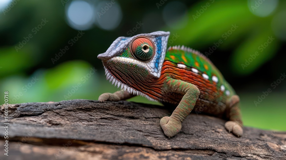 Poster a colorful chameleon with vibrant red, green, and blue hues is perched on a weathered tree branch. t