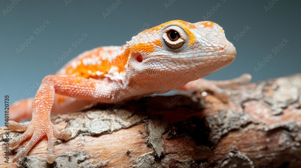 Poster close-up shot of an orange and white gecko perched on a weathered branch against a muted blue backdr