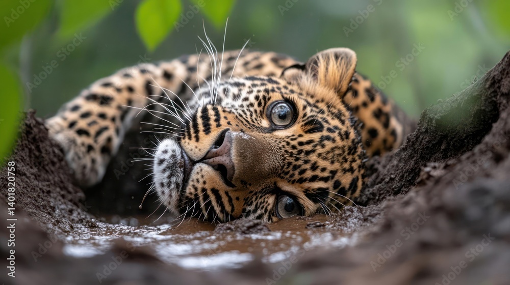 Poster a close up, eye-level shot of a leopard in murky water with green foliage behind. leopard's head and