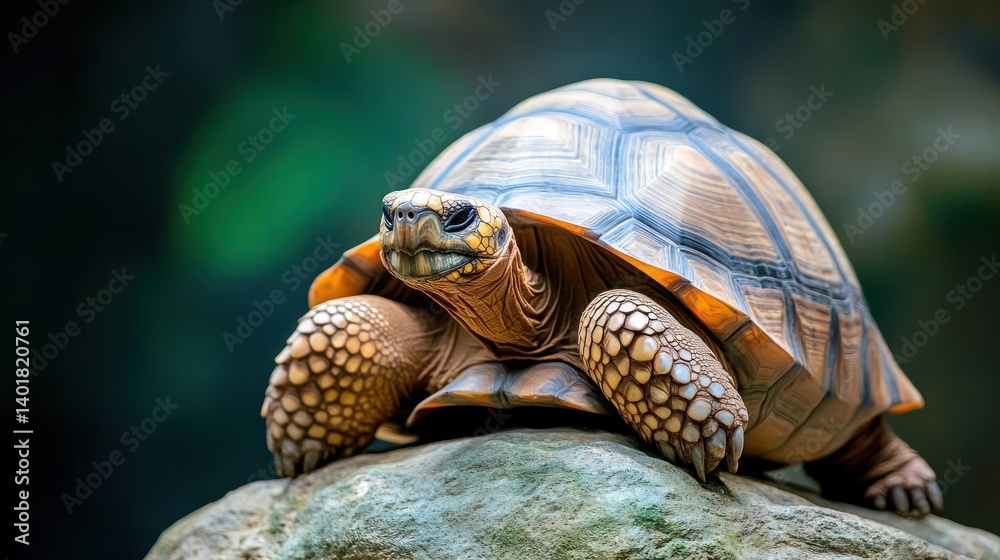 Aufkleber A close-up of a radiated tortoise on a rock. The tortoise has a patterned shell and textured skin, set against a blurred green background. The shot focuses on its face and shell, showcasing its