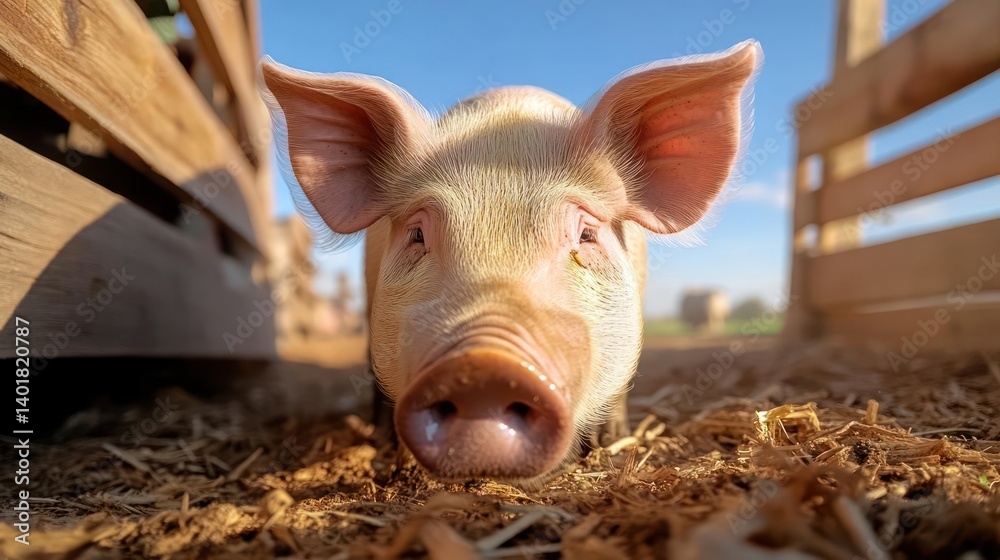 Poster a close-up, eye-level view of a pink piglet in a farm setting. the piglet is surrounded by straw, wi