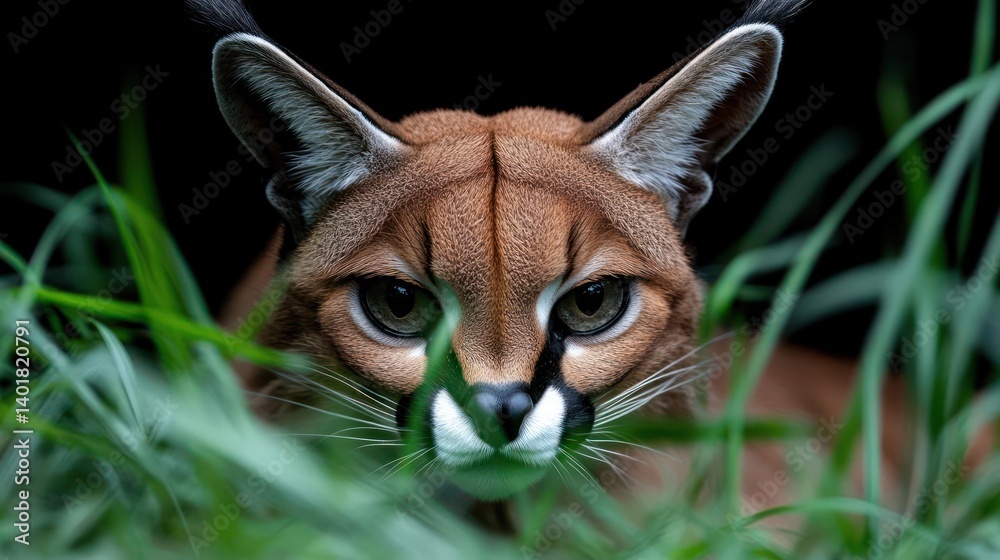 Poster a striking portrait captures a caracal, its eyes piercing from behind lush green grass against a dar
