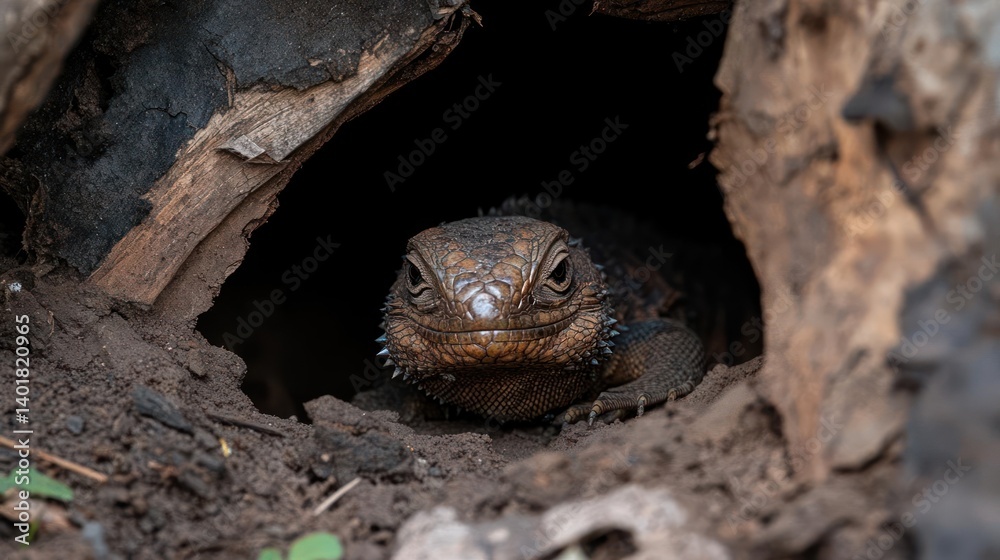 Aufkleber a detailed close up shot captures a brown lizard emerging from a dark, earthen den, its textured sca