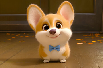 Adorable 3D rendered corgi puppy wearing a bow tie, sitting on a wooden floor with autumn leaves.  Perfect for children's products, websites, and animation.