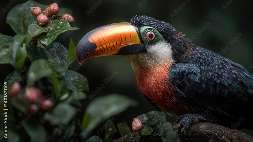 Poster a vibrant toucan perched on a branch with lush green leaves and red berries. the bird features an or