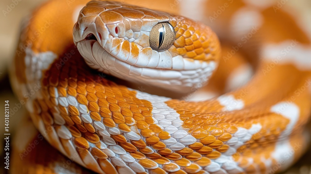 Aufkleber macro shot of a coiled orange and white snake with intricate patterns. the snake's head is prominent