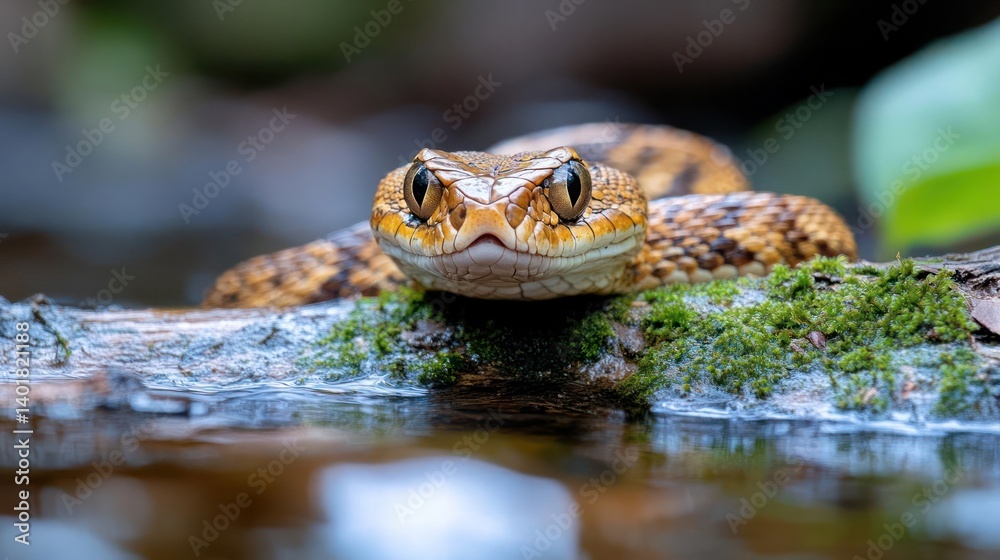 Poster A close up of a Fer De Lance snake resting on a mossy branch near water, showcasing its tan and brown patterned skin and intense gaze. The low angle and shallow depth of field highlight the snake's