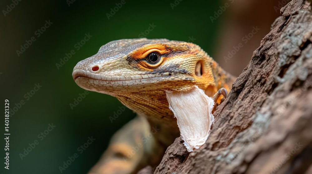 Poster close up shot of a gold and orange lizard peeking out from behind a brown branch. the lizard has int