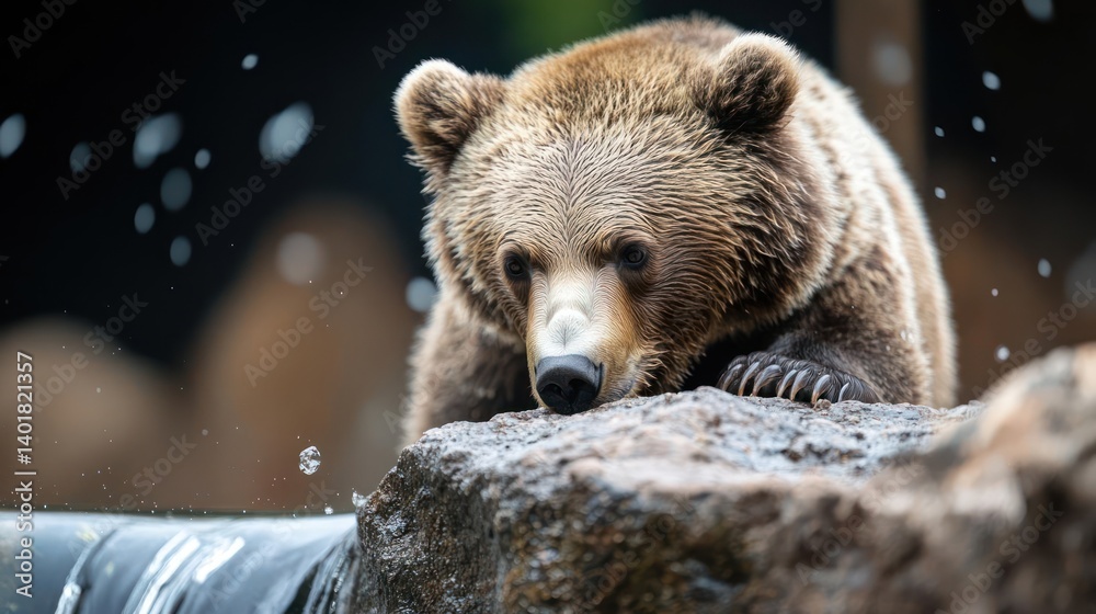 Poster close up of a brown bear with a dark nose resting its paws on a rock near water with a blurred fores