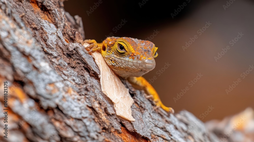 Poster macro shot of an orange and yellow gecko climbing on textured tree bark, its skin patterned with tin