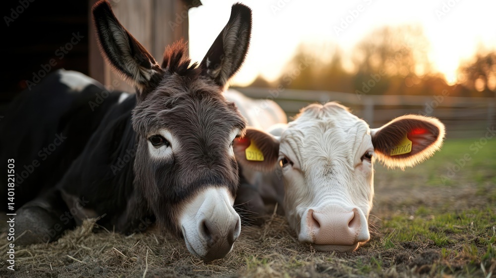Poster close up captures a donkey and a cow resting on a grassy field at sunset, featuring warm lighting, b