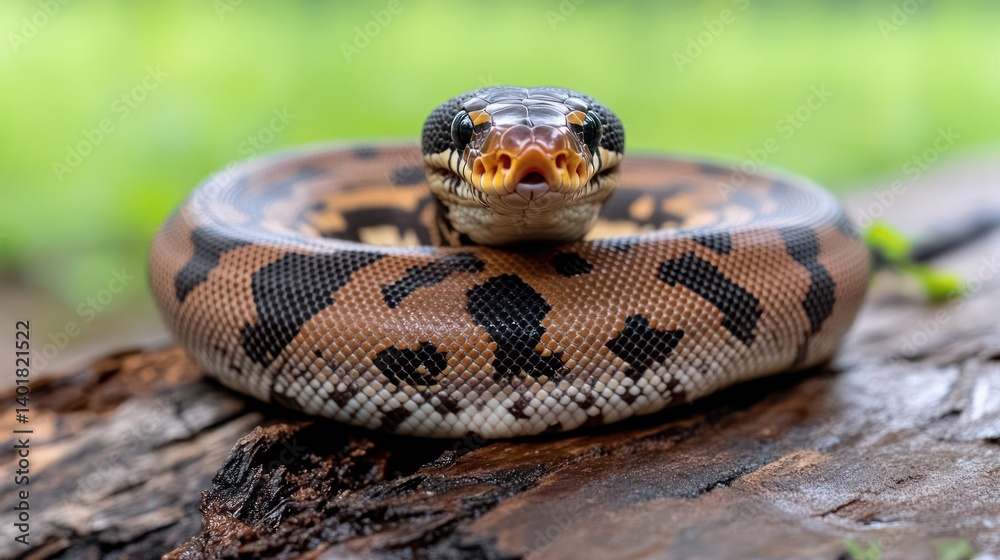 Poster close up of a coiled snake on a log, showcasing its brown and black patterns, small white scales, an