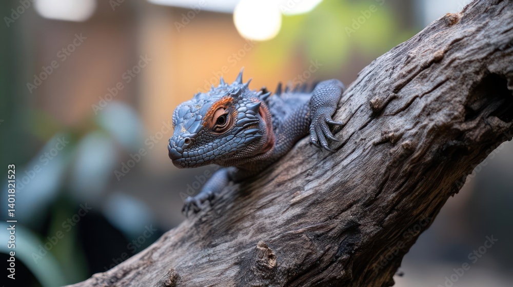Poster a close-up of a rough-scaled forest dragon lizard resting on a weathered branch. the dragon's dark g