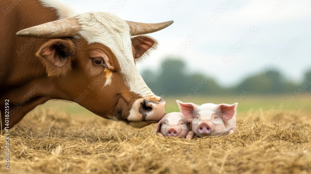 Poster a large brown and white bull standing over two cute piglets nestled in golden straw, creating a hear