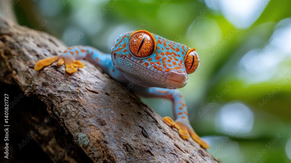Poster macro shot of a colorful gecko on a branch, showcasing its vibrant blue and orange patterns against 
