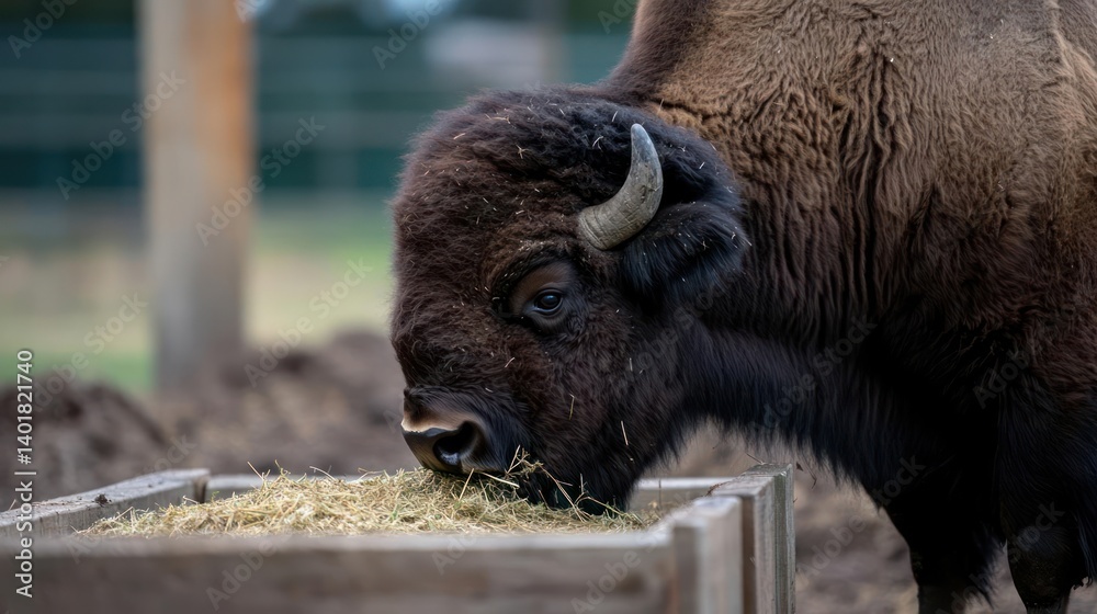 Poster close-up of a large brown bison eating from a wooden trough, focusing on its head and horns with sof
