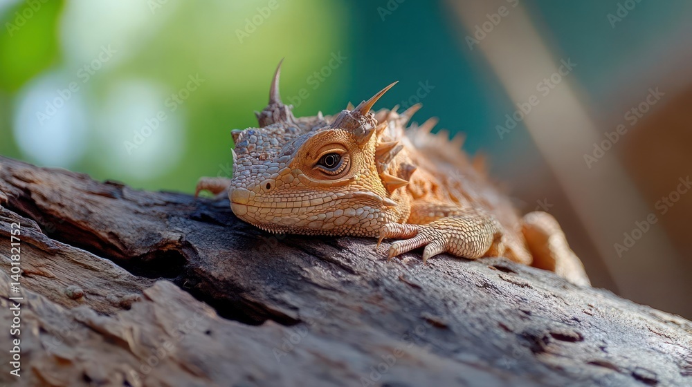 Poster close up on a thorny lizard perched on a weathered tree branch, showcasing intricate details. golden