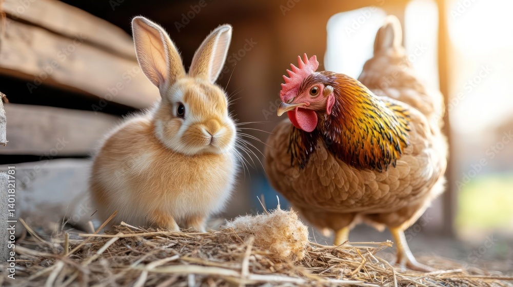 Poster This image features a tan rabbit and a brown chicken side-by-side in a farm setting. The rabbit is smaller and fluffier, while the chicken is larger and more angular. Both animals are surrounded by