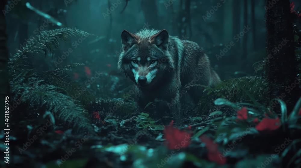 Poster a wolf with brown and gray fur stands in a dark forest with a mossy ground and dim lighting, illumin