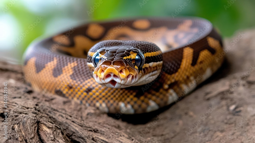 Poster Close-up view of a colorful ball python coiled on a log, showcasing its intricate orange and brown markings with a focused gaze. The bokeh background enhances the animal's natural patterns
