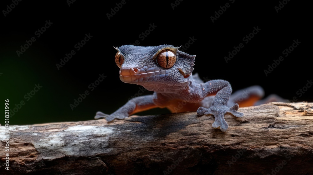 Aufkleber Close-up of a rough-skinned gecko with amber eyes perched on a lichen-covered branch against a dark backdrop. The lighting accentuates the gecko's texture and vibrant eye color, creating a striking