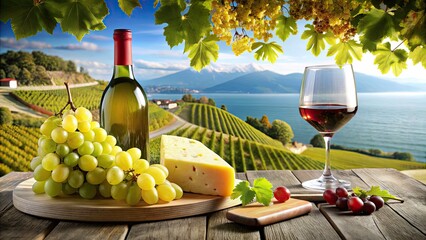 Naklejka premium Lavaux Vineyard Terrace: Wine, Cheese, Grapes - Swiss Scenic Photography
