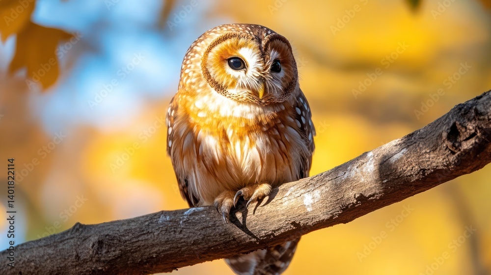 Poster close up studio shot of an owl perched on a tree branch. the owl is brown and white and the backgrou