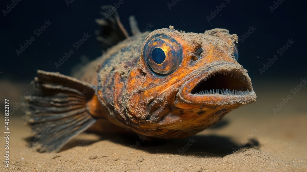 Poster a close-up shot of a bizarre orange fish with large eyes and a gaping mouth, covered in sand on the 