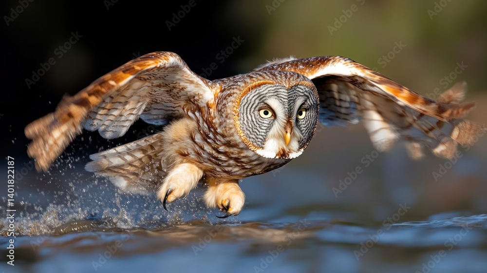 Fototapete majestic great gray owl soars low over water, wings spread, creating splashes with its feet. the bir